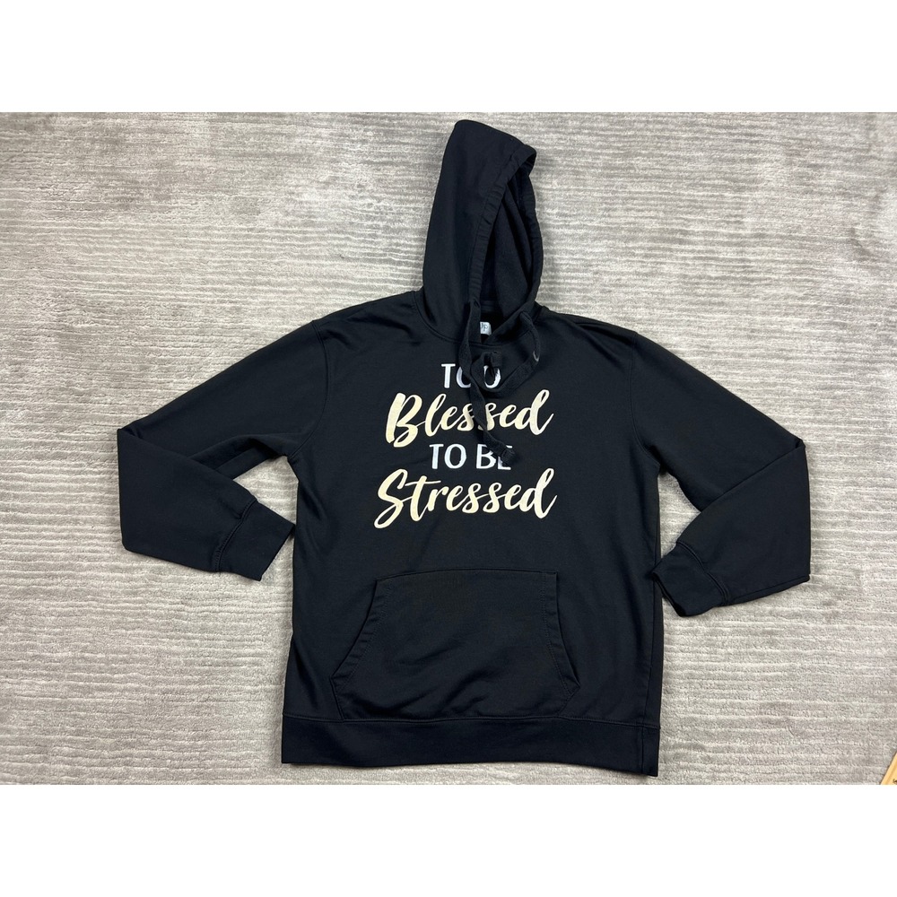 Wound Up Hoodie Women M Black Too Blessed To Be Stressed Graphic Fleece Pullover